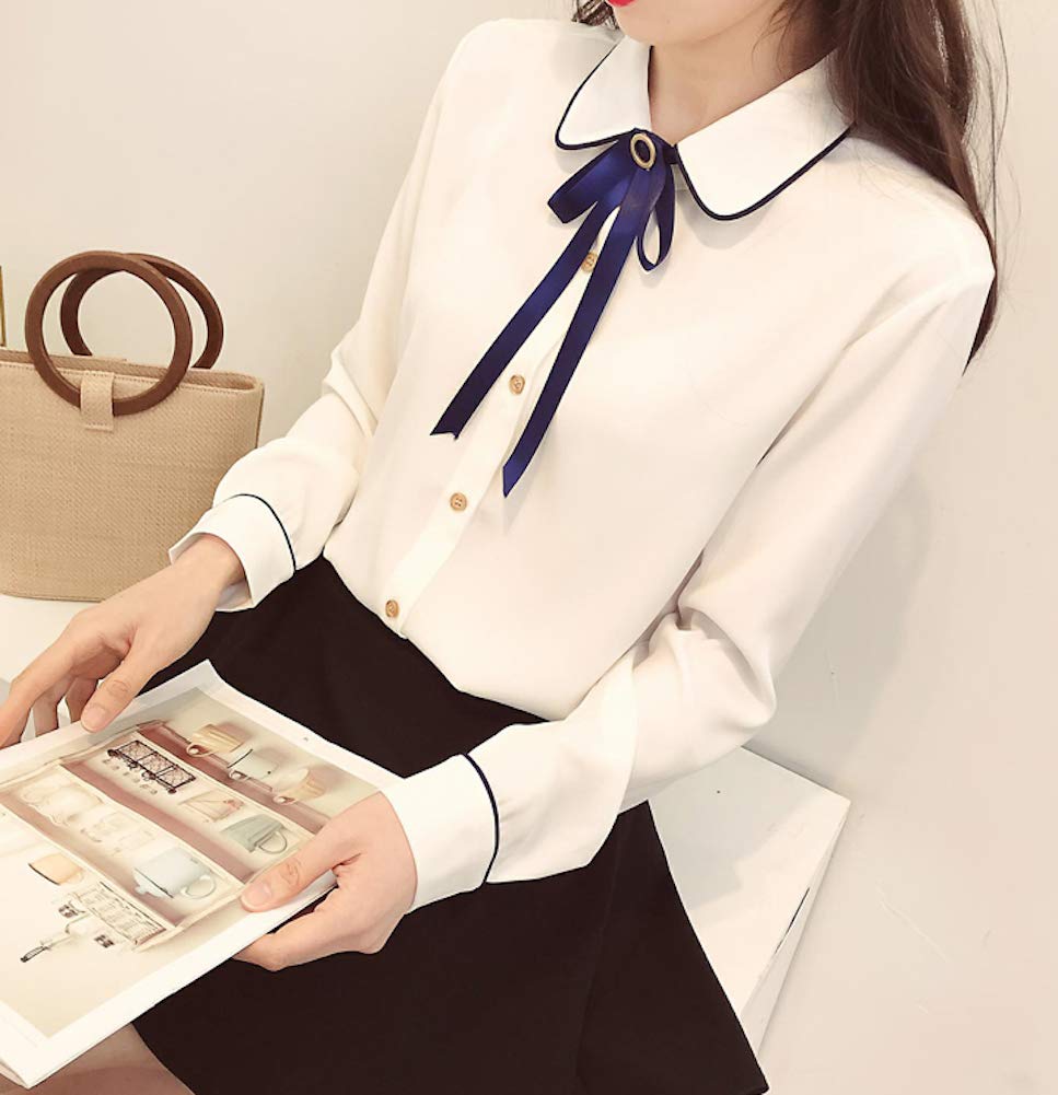 [PureAribon] Plus Size Office Lady Holiday Collection Blouse, TOKYO GOODS MARKET (White/Blue Ribbon, 4XL)
