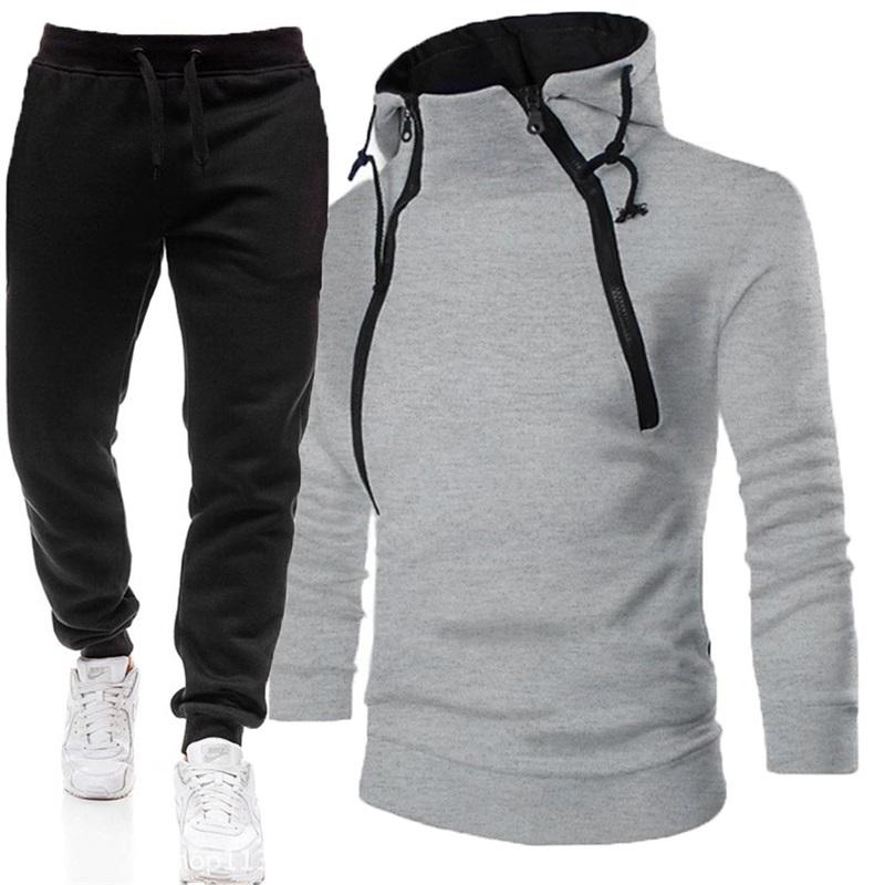 Men's Casual Sports Suit With Slanted Zipper Hooded Sweatshirt And Sweatpants Two-piece Set Slim Fit Running And Fitness Leggings Set