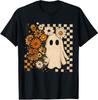Retro Floral Ghost Checkered Autumn Halloween Women Kids T-Shirt