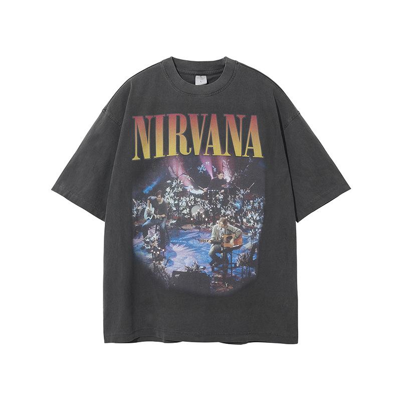 Maglietta a maniche lunghe band Nirvana vintage europeo e americano lavata effetto invecchiato maglietta a maniche corte Nirvana per uomo e donna