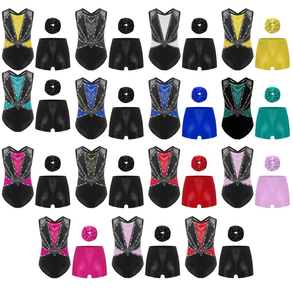 Girls 3 Piece Dance Set Sleeveless Metallic Leotard Criss Cross Back Rhinestones Color Block Design with Shorts Hairband