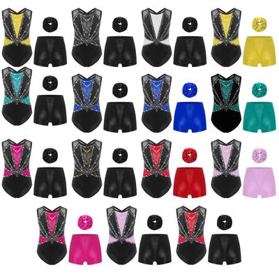 Kids Gymnastics Performance Set 3Pcs Girls Leotard with Rhinestones Crisscross Back for Competition