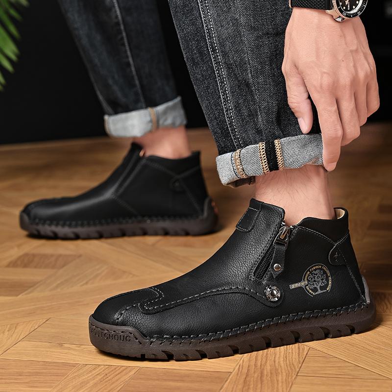 Spring Leather Men Short Boots Autumn Lace up Flats Medium top Shoes Outdoor Male Breathable Casual Shoes Handmade Mens Boots