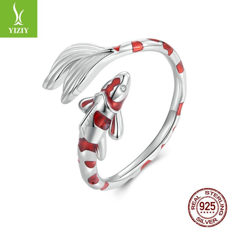 Koi 925 Sterling Silver Open Ring, Chinese Style Red Oil Drop Lucky Ring Jewelry