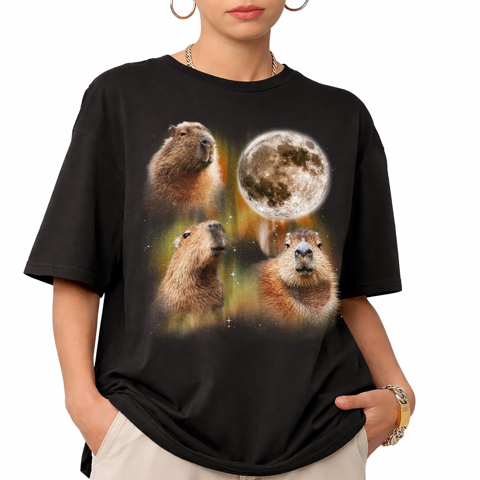 Capybara Moon T-Shirt, Comfort Colors Wildlife Animal Tee 2XL