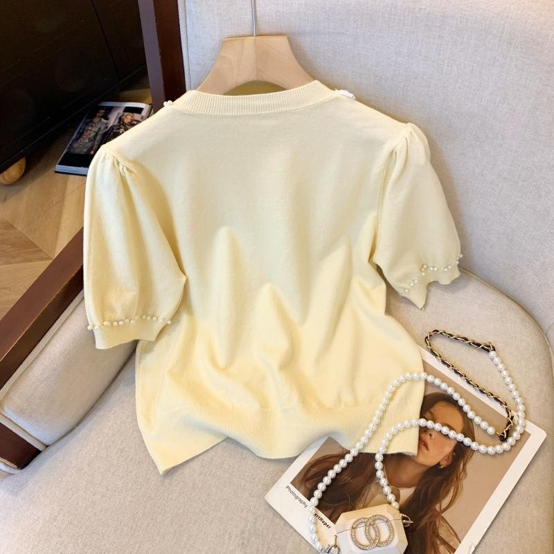 Lace Bow Short Sleeve Knitted Sweater Women's Summer Premium Bead Splicing Shoulder Top