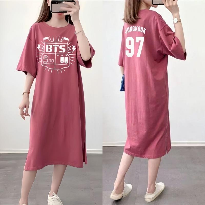 Lockeres Rundhals-T-Shirt-Kleid in Übergröße mit Aufdruck, Langer Schnitt, Damen Entspannter Stil Knielanges Nachthemd L pink