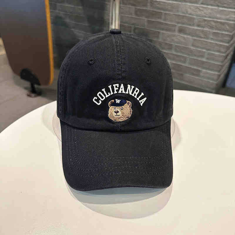 Women's Baseball Cap for Spring and Summer, Korean Style, Casual, with Bear Head and Letter Embroidery, Pure Cotton, Curved Brim, Denim Blue
