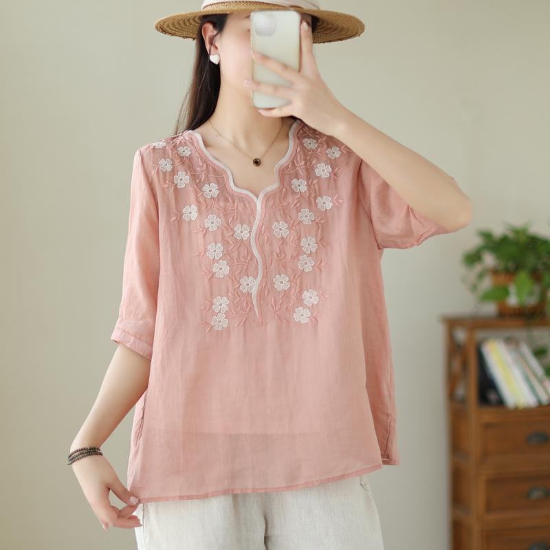 

DIMANAF 2023 Женщины Лето Рами Вышитая рубашка Лето Новый Сен Стиль Литература Маленькая свежая тонкая рубашка с V-образным вырезом