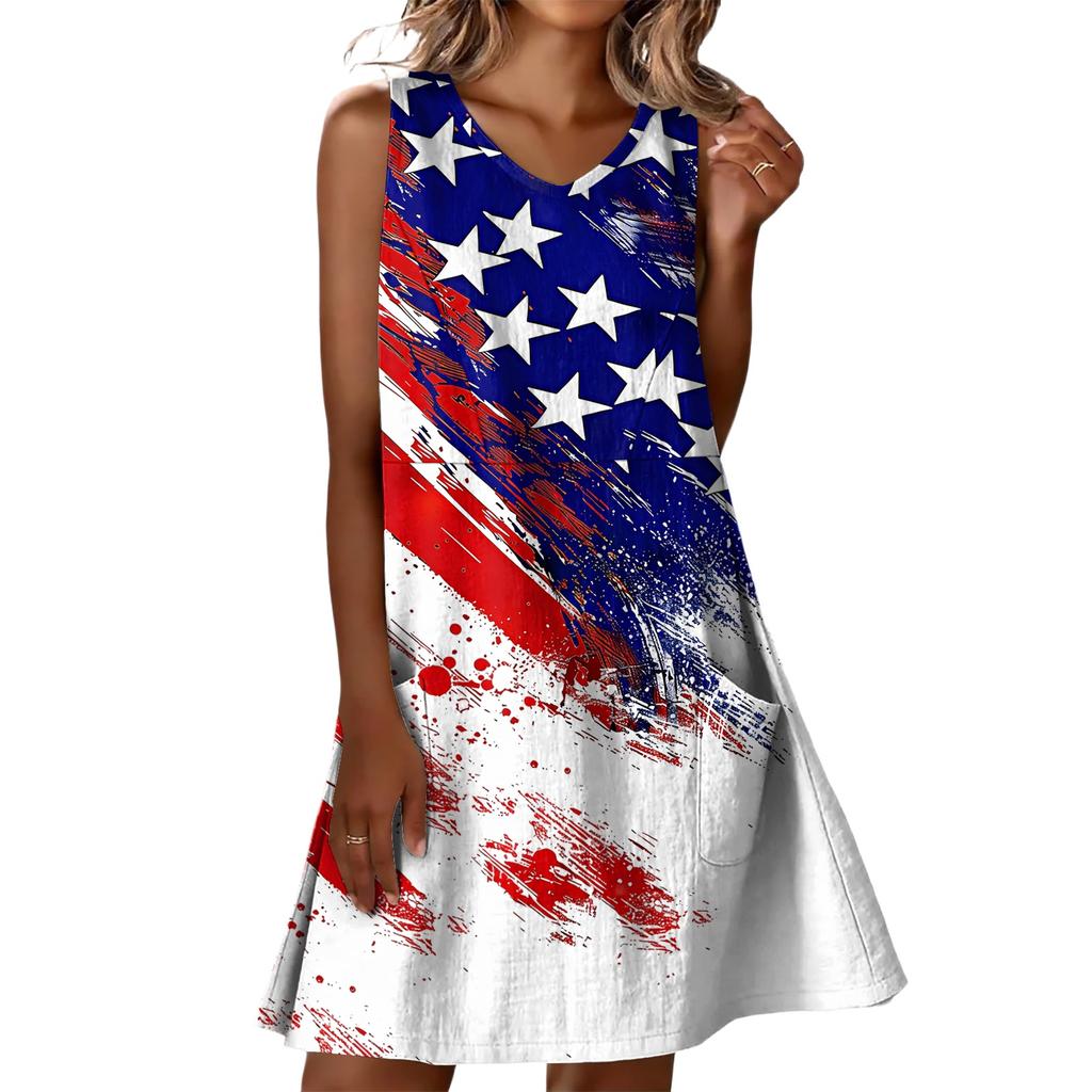 Summer Dresses For Women Loose Beach Vacation Casual Sleeveless V-neck  Sundresses With Pockets Tank Dress