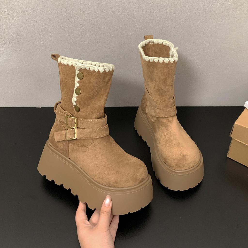 Winter Fashion Chunky Women Ankle Boots Height Increase Women's Short Plush Shoes Female Belt Buckle Platform Short Booties