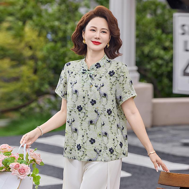 

Summer Mom Print Short Sleeve Suit: Fashionable Plus Size Two-Piece Set for Middle-Aged and Elderly Mothers. 2XL серый/зелёный