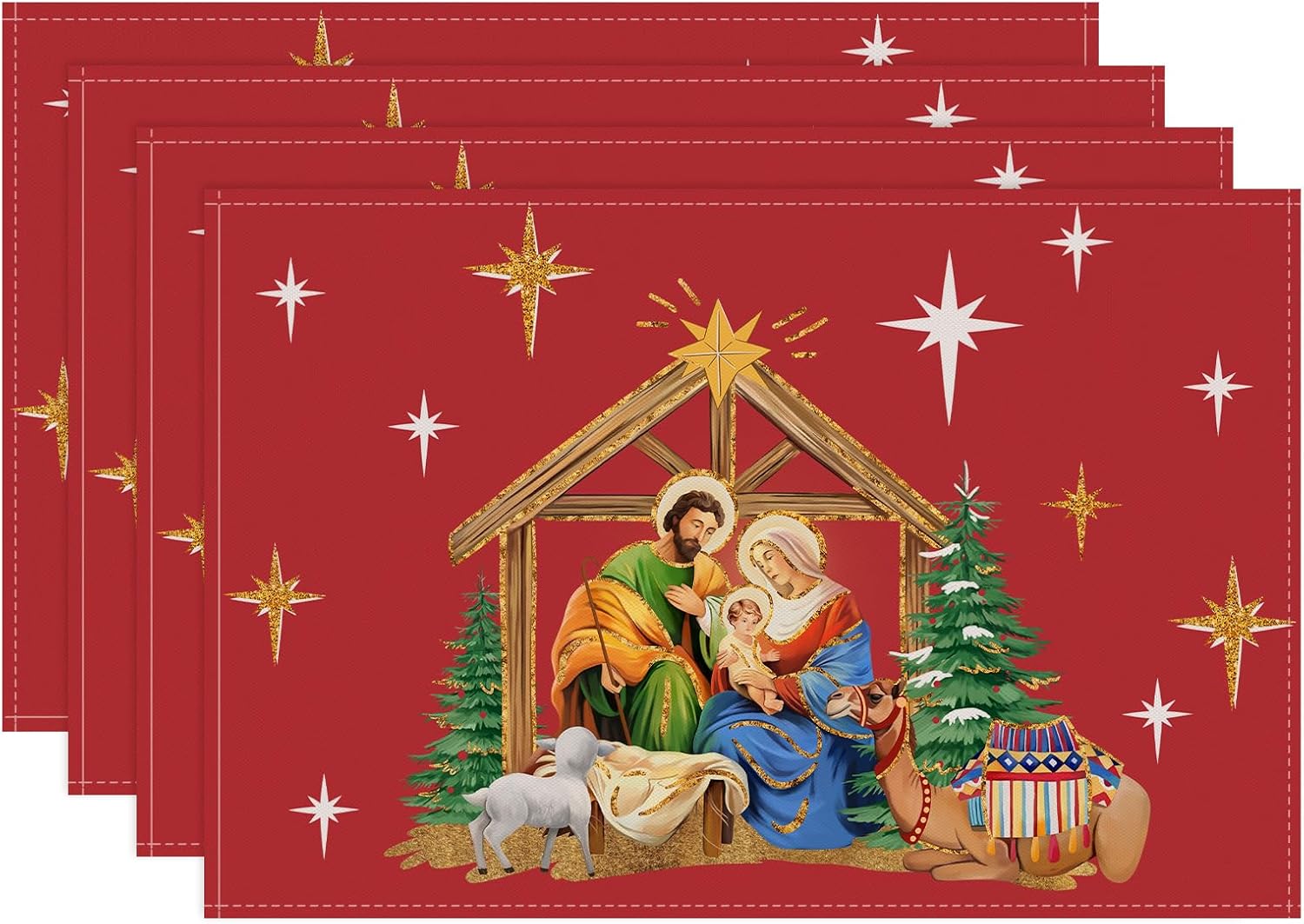 

Christmas Jesue Placemats Set of 4, 12x18 Inch Holy Night Nativity Red Xmas Kitchen Dining Table Mats Washable Place Mats for Indoor Outdoor Home Part 4Pcs
