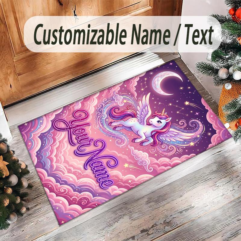 Alfombra de Suelo de Terciopelo de Cristal con Temática de Unicornio, Alfombra Cálida Personalizada con Nombre y Texto, Decoración del Hogar