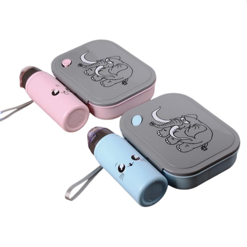Cartoon Elephant Bento Box Water Bottle Set Portable Cute Microwave Divided Lunch Box Tableware For Back To School Outdoor Work