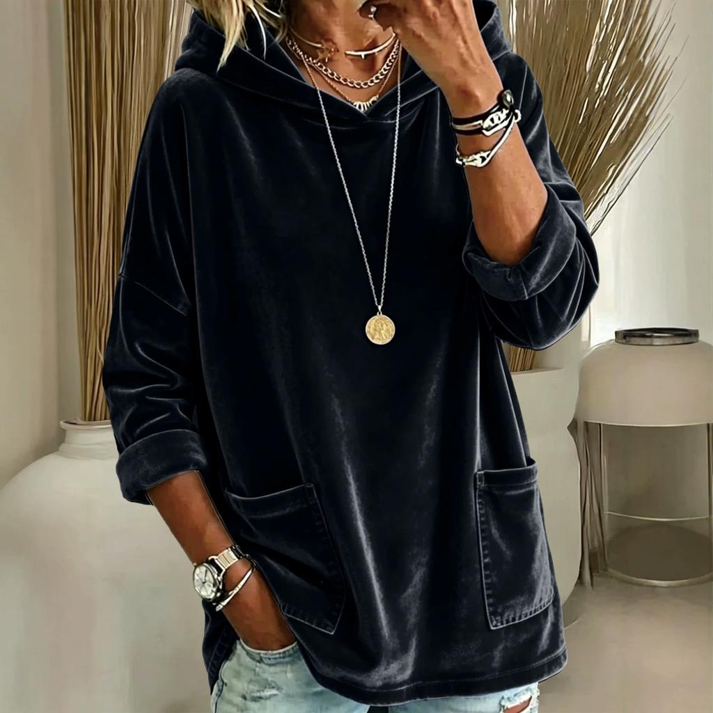 European and American new casual fashion hooded loose suede pocket solid color long-sleeved women's pullover sweater