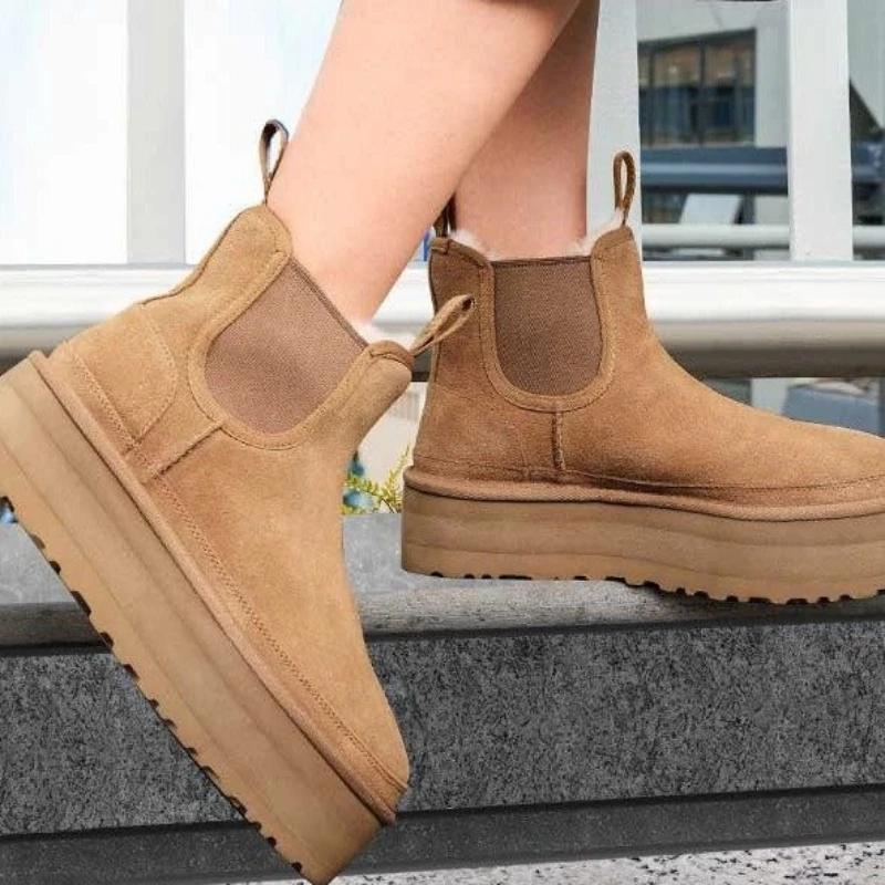Fashion Platform Ankle Boots Woman Winter Fur Chelsea Luxury Designer Shoes Ladies Flat Heel Warm Casual Elegant Plush Snow Booties