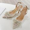 Liyke Fashion White Pearl Bowknot Women Pumps Sexy Mesh Pointed Toe Rhinestone Heels Party Prom Shoes Female Slingback Sandals