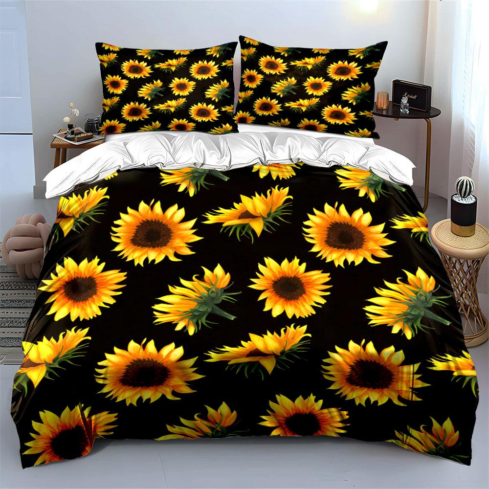 Sunflower print Black Background Bedding Set for Kids Luxury Gift 3pcs Digital Print Comforter Set Soft Comfortable Breathable