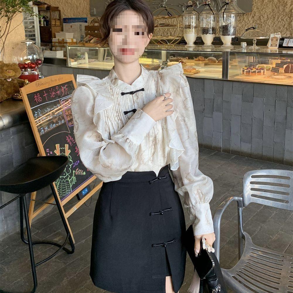 

Ruffle Ink Wash Chinese Style Women s Spring Suit: Frog Button Long Sleeve Shirt & Slit Skirt Set S (for 85-100 jin)
