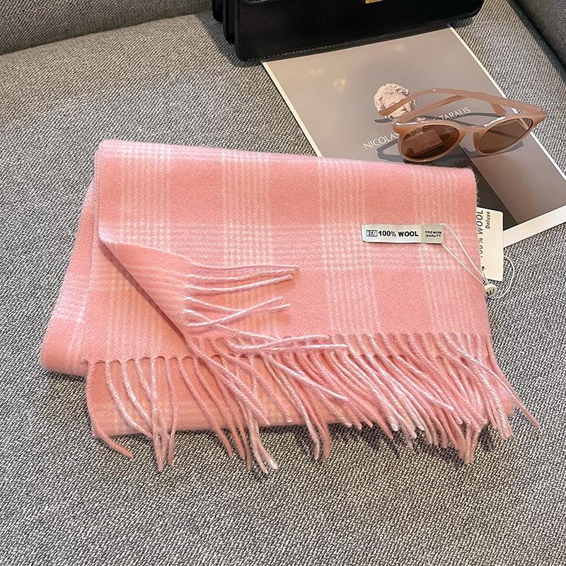 100% Pure Wool Scarf Female Winter Warm Cashmere Shawl Checkerboard Grain Design Couple Accessory Premium Sense Windproof Scarf