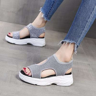 Damen Sandalen Keilabsatz Schuhe Sommer Plateau Gladiator Sandalen Schuhe Damen Slip on Peep Toe Gestrickte Damen Sneakers Casual