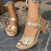 Plus Size Shoes for Women 36-43 Summer Fashion Sequin High Heel Platform Sandals Casual Peep Toe Buckle Strap Sandalias De Mujer