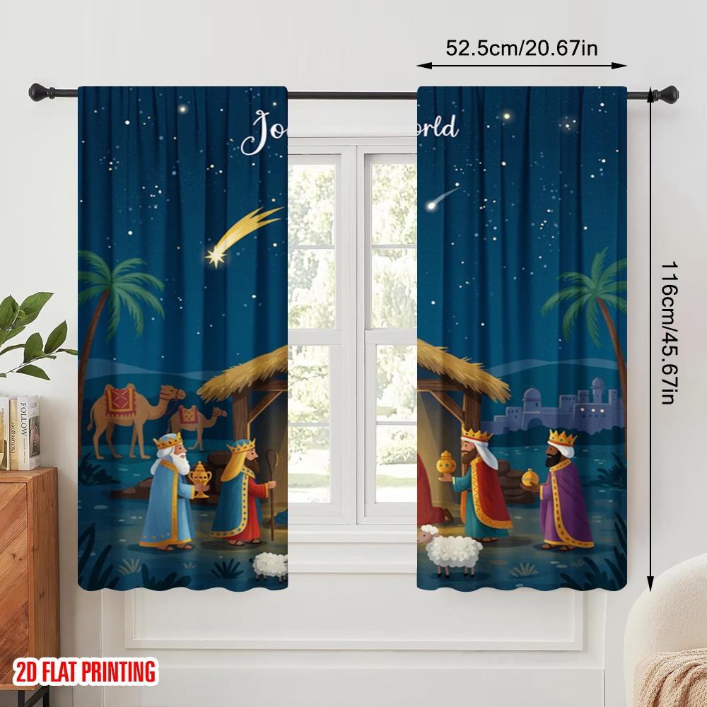 2pcs 2D flat printing Curtains Nativity Scene Joy World Fabric Without Electricity 0 Use for Bedroom Office Living Room Home