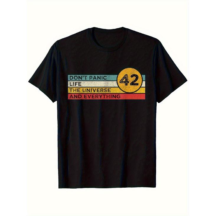 1pc Men S Hitchhiker S Guide to the for Galaxy Inspired T-Shirt - Don t Panic 42 Design, Black Retro Sci-Fi Graphic Tee with Hitchhiker S Guide Logo S