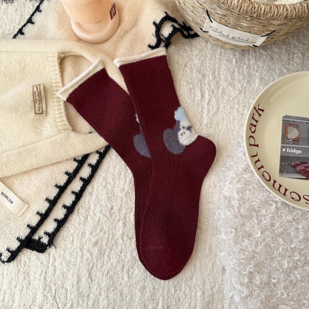 New Year'S Red Socks Mid-Leg Socks Thickened Warm Cartoon Cat Puppy Christmas Vibe Wool Socks