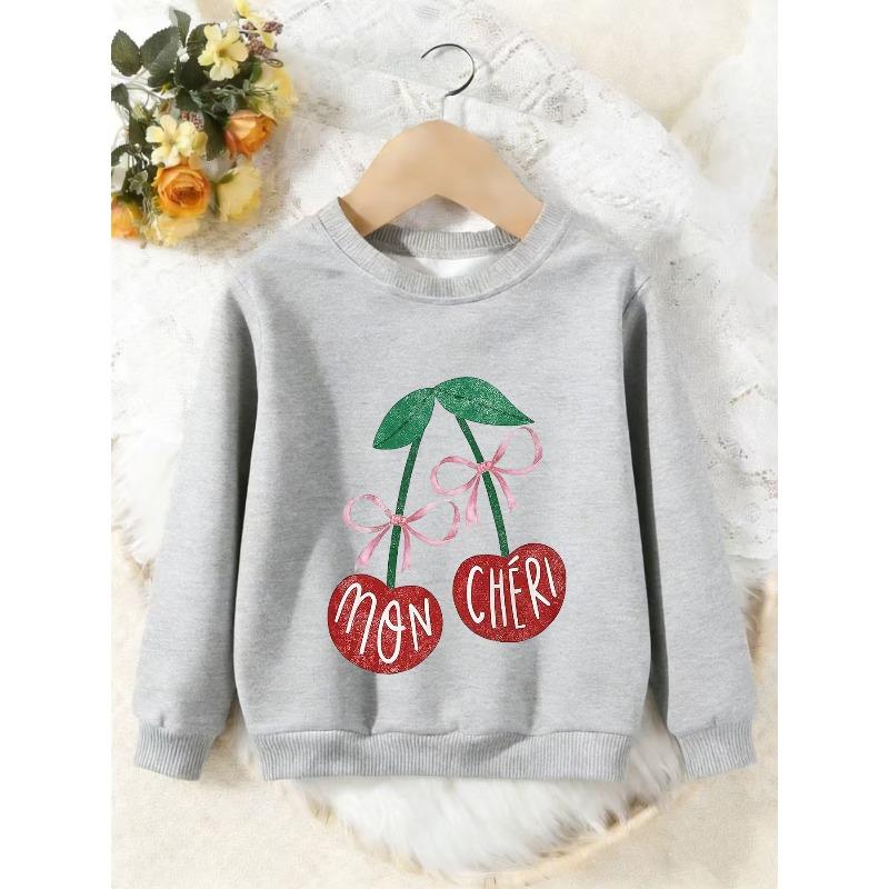 Unisex Kids Crewneck Sweatshirt, Glitter Cherry Pink Bow Mon Chéri Print Pullover, Boys Girls Cute Fruit Casual Sweatshirt For Kids Over 4 Years Old