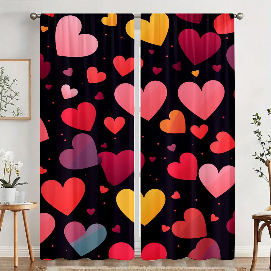 2pcs Colorful heart-shaped pattern curtains   vibrant and romantic style   bedroom   living room   pull rod pocket decoration