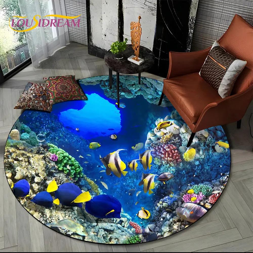 3D Seabed Illusion Underwater World Dolphin Round Area Rug,Carpet for Living Room Bedroom Sofa Playroom Decor,Non-slip Floor Mat