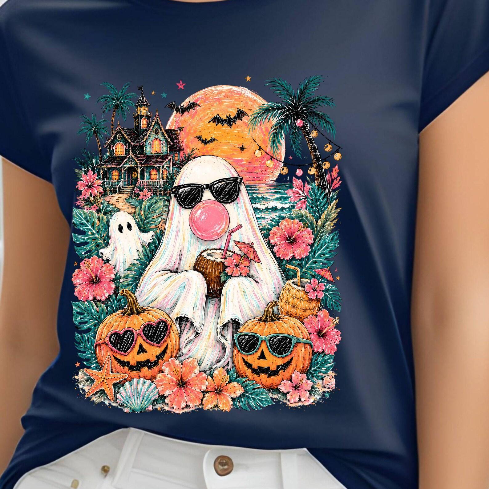 Tropical Halloween Ghost Tee | Pumpkin Palms, Sunglasses, Floral Spooky Scene, summerween, 11 colors L
