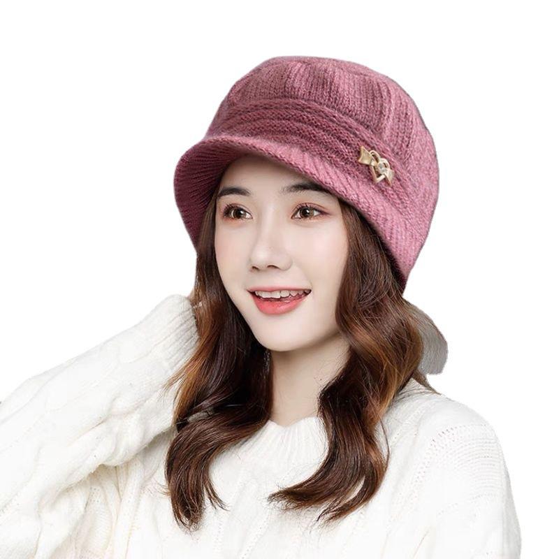 Autumn and winter hats women's fashion versatile warm knitted wool hats middle-aged and elderly trendy velvet mother wool hats