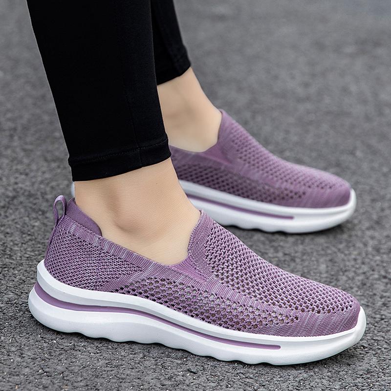Women's Knitted Solid Loafers Ultra-light Non-slip Flat Mesh Slip On Walking Shoes Round Toe Casual Elderly Lady Diabetic Shoes