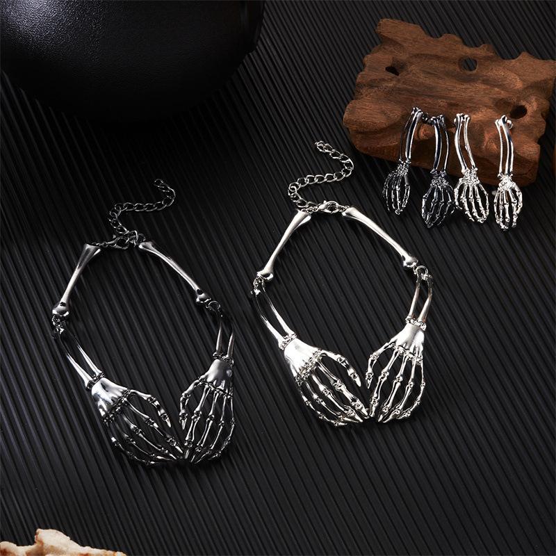 Halloween Skeleton Hand Set, Punk Ghost Hand Suffocating Necklace, Swing Earrings, and Accessories for Role Playing Festival Party Costumes
