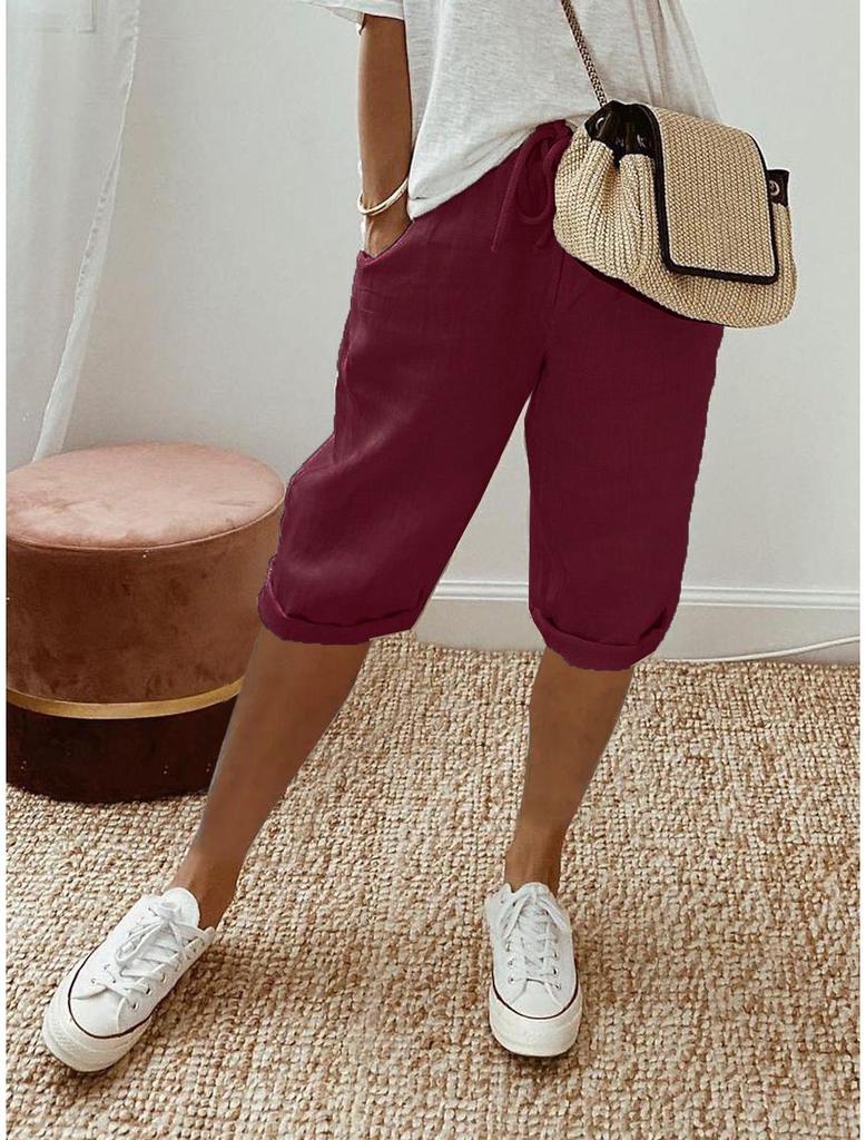 Pantaloni scurți casual din amestec de bumbac și in cu talie elastică și buzunare
