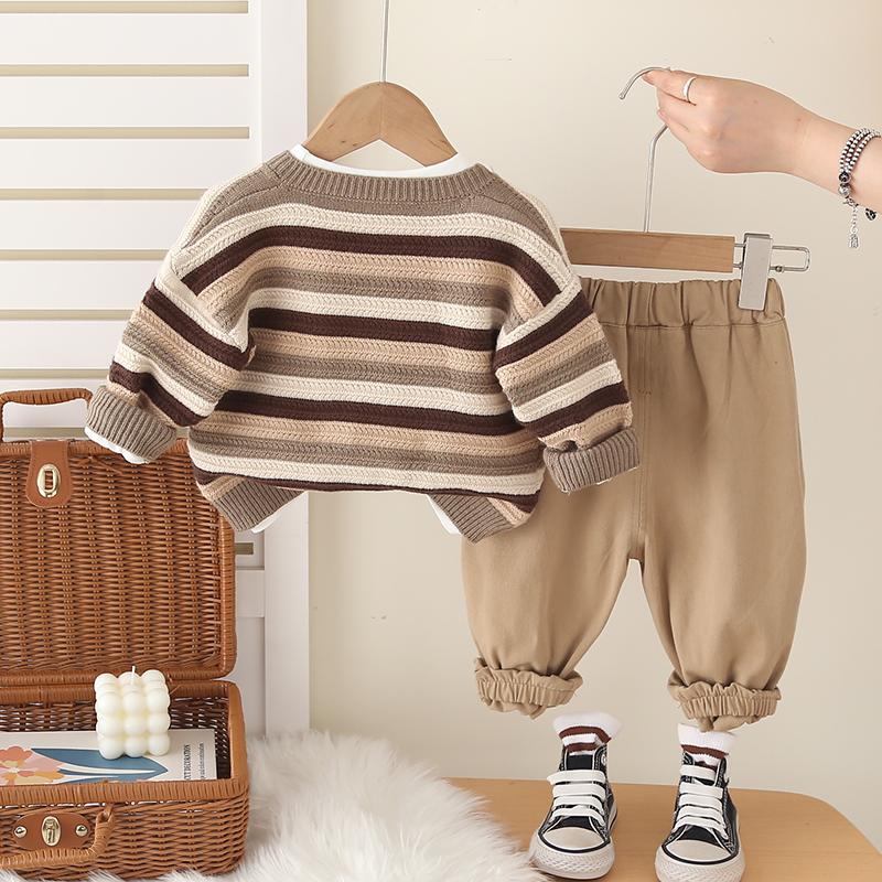 Boys' Long Sleeved 3-piece Set, Autumn and Winter Striped Knitted Jacket, 0-5-Year-old Children's Casual Set
