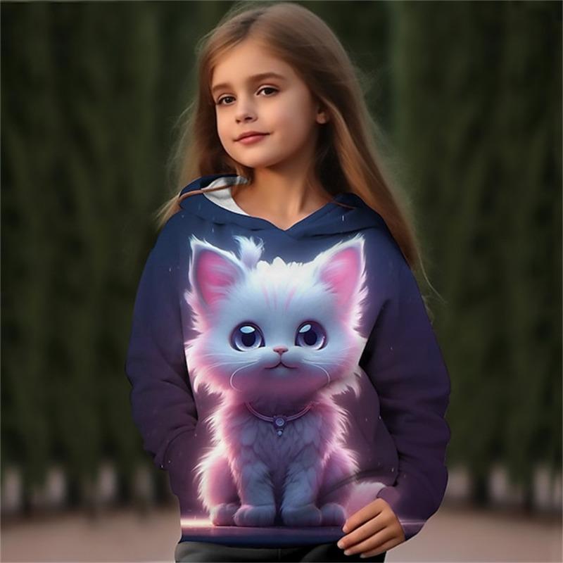 Kids Clothes Girl Spring Fall Hoodies Cartoon 3D Cat Print Streetwear Children's Sweatshirts Outerwear Pullovers Girl Clothing