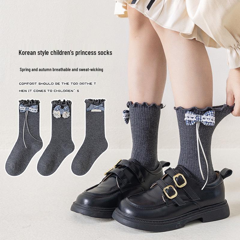 

Хлопковые носки до середины икры с кружевным бантом для девочек - Весенне-осенняя мода 3-5 years, Foot Length 15-17CM