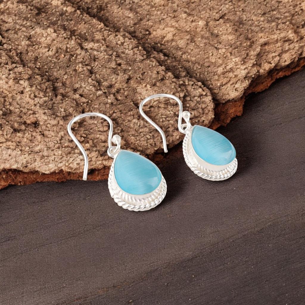 Genuine Blue Cat's Eye Gemstone 925 Solid Silver Jewelry Handmade Earrings 1.40" EE-9-42