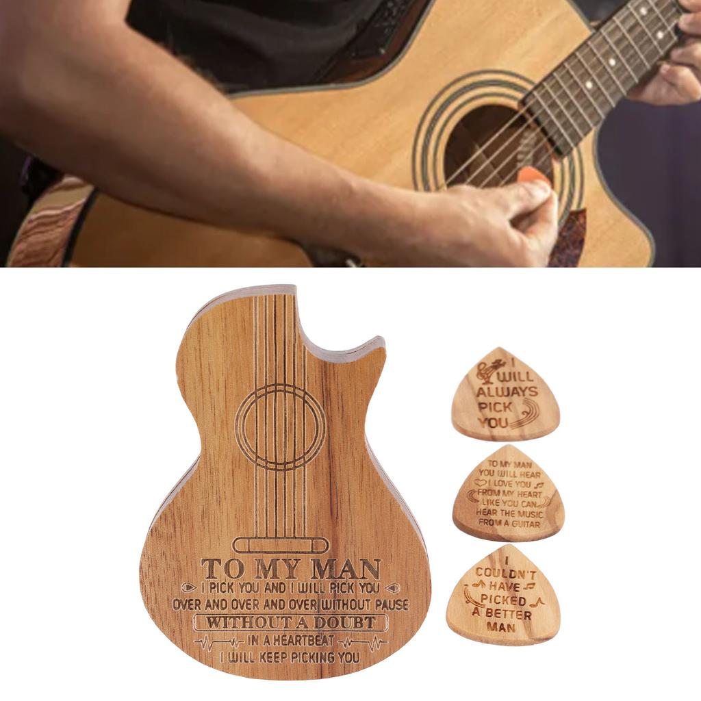 Guitar Pick Box Engraved Guitar Portable 3 Wooden Picks and Storage Case for Birthday Christmas