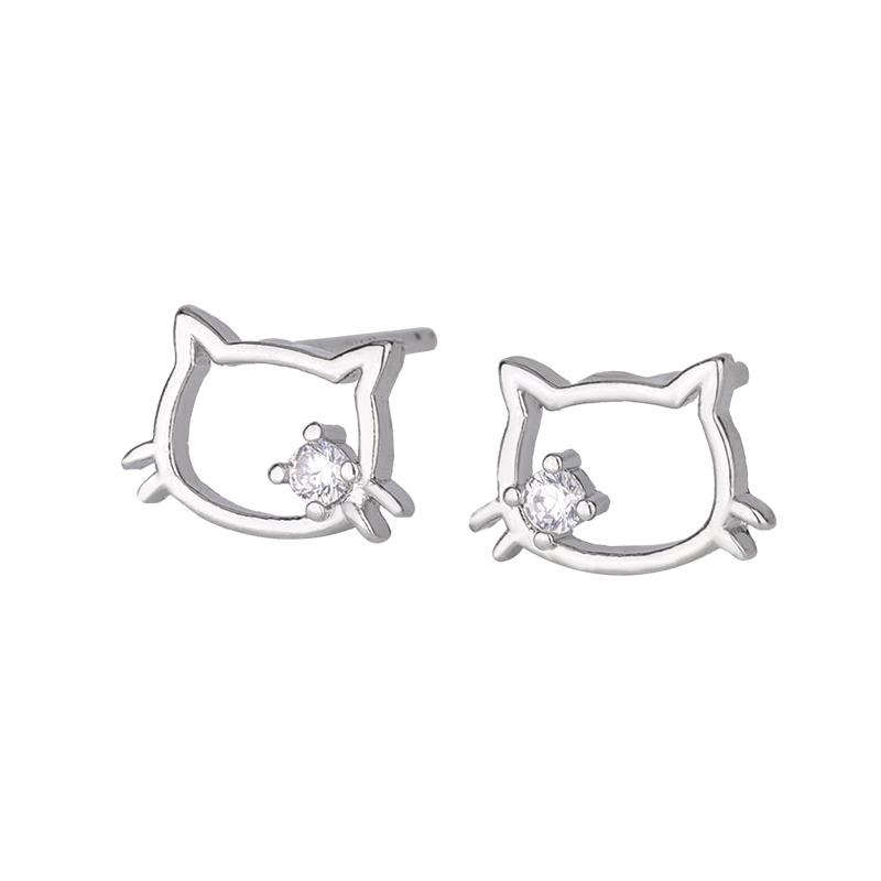 Fashio And Cute Cat 925 Sterling Silver Jewelry Simple Temperament Zircon Inlaid Hollow Animal Earrings E147
