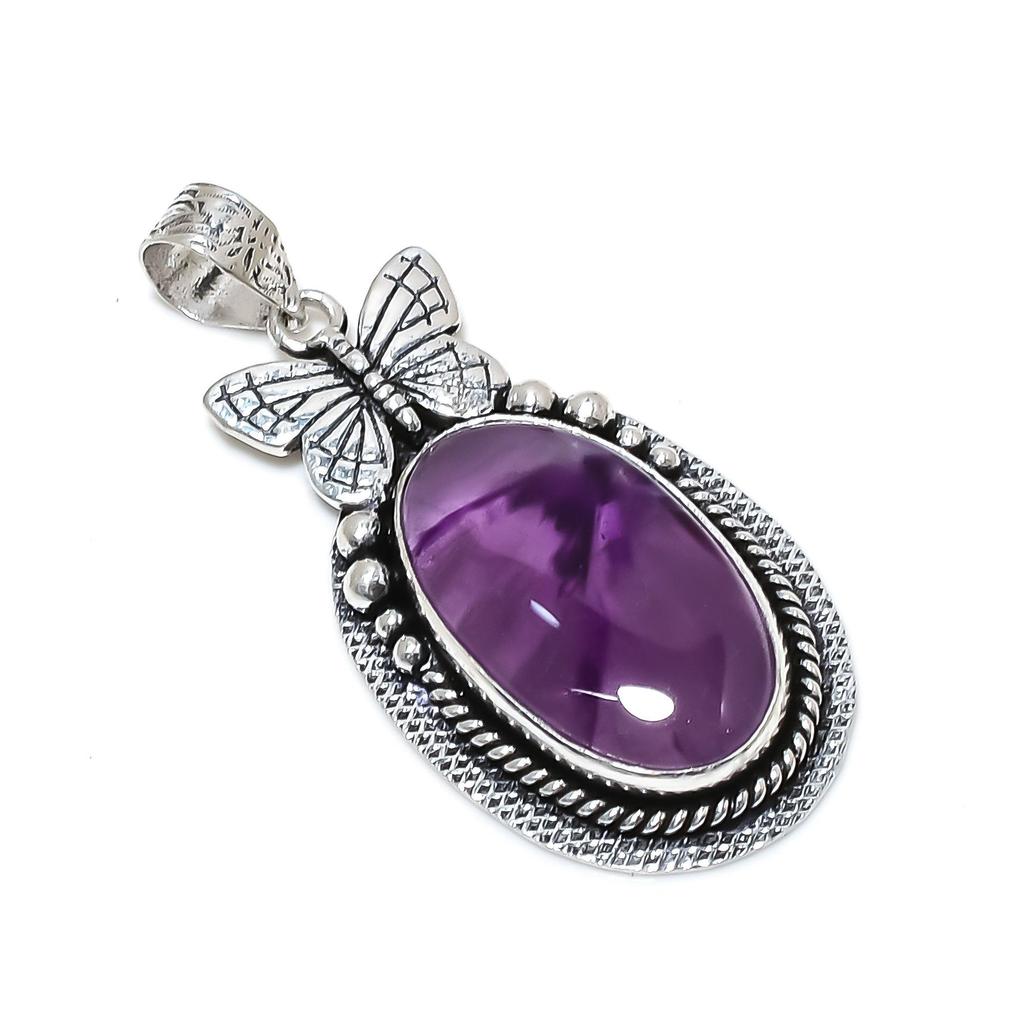 Natural Amethyst Gemstone Silver Pendant In 925 Sterling Silver- Handmade Butterfly Design, Everyday Wear Jewelry, Unique Pendant Wadding Gift