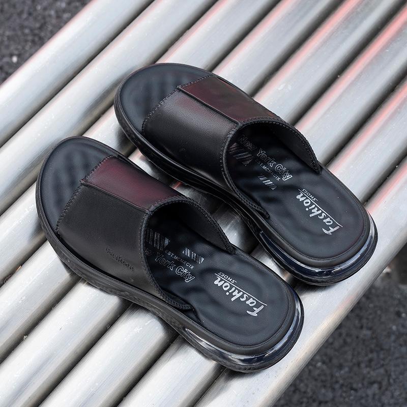 2025 summer new sandals men's leather air cushion cool slippers wear casual soft bottom light one-word drag men
