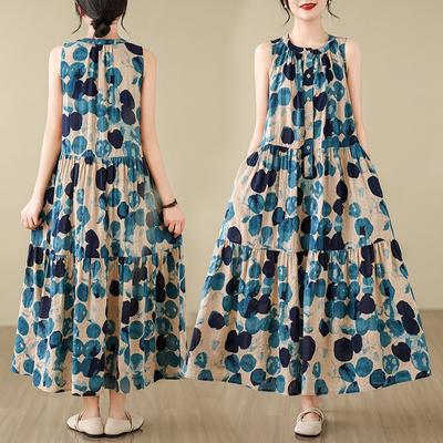 Robe longue d'été en coton et lin imprimé rétro pour femme, col montant, sans manches