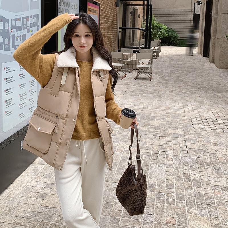 Lamb wool splicing down cotton vest women's autumn and winter waist thin medium and long vest jacket