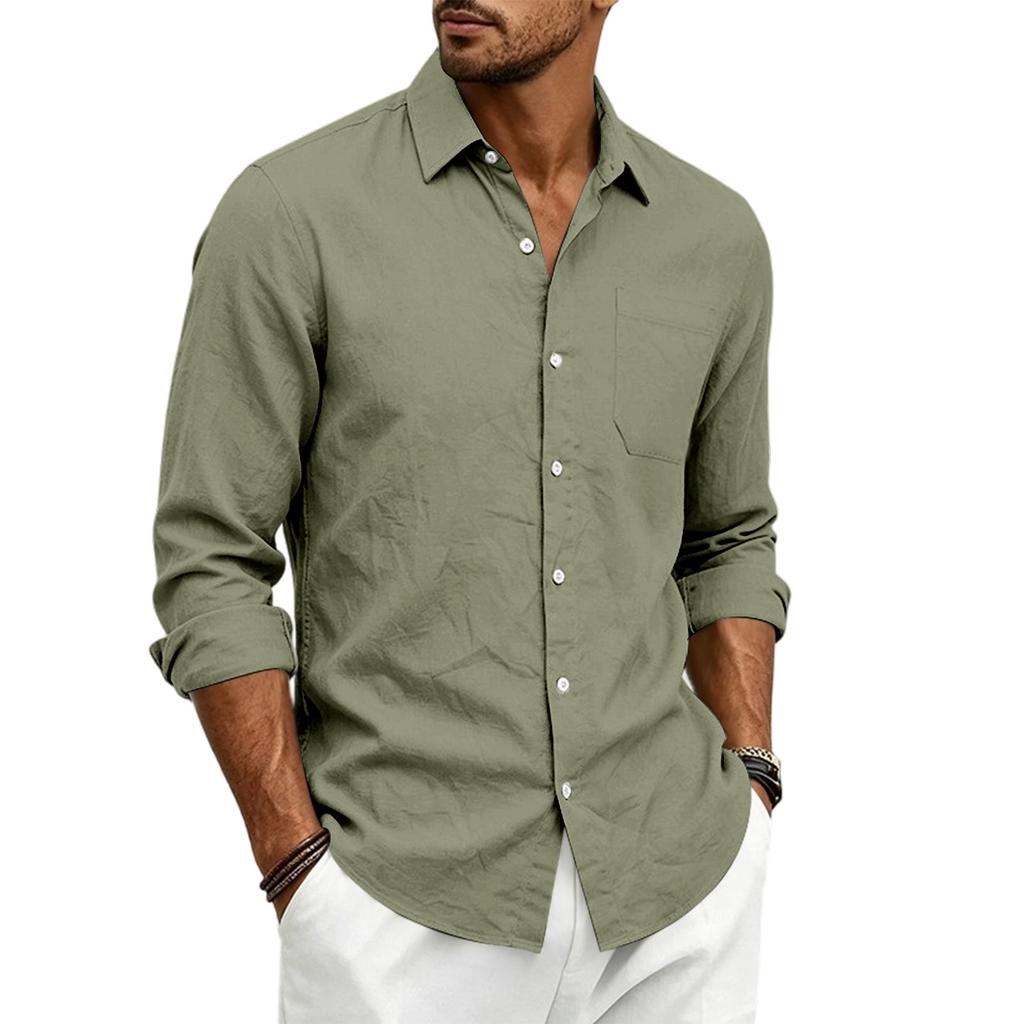 Men’s Linen Long Sleeve Shirt with Classic Turn-Down Collar and Single Chest Pocket Casual Relaxed Fit for Spring and Autumn