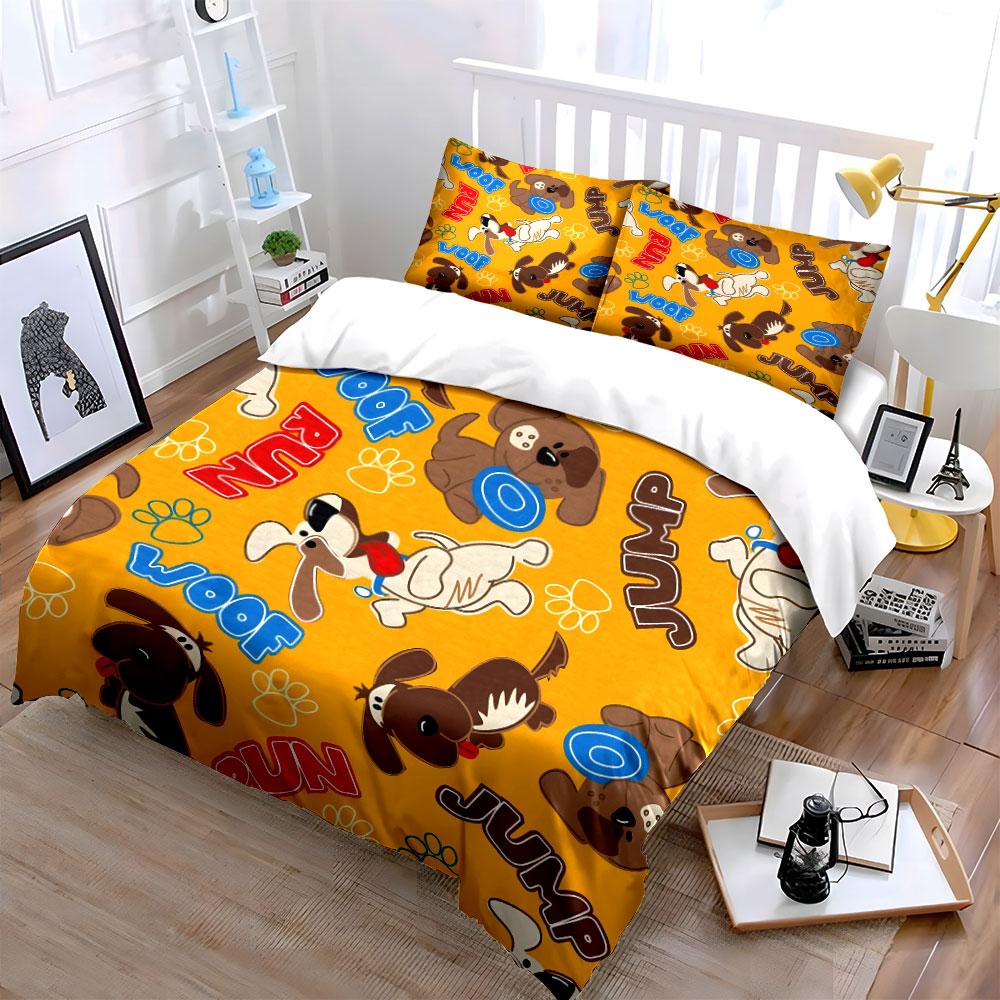 Cartoon Dogs Woof Run Jump Pattern Bedding Duvet Cover Set (1*Duvet Cover 2*Pillowcases, without duvet insert)